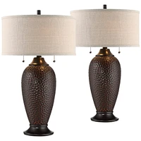 Cody Modern Industrial Rustic Table Lamps 26" High Set of 2 Hammered Oiled Bronze Brown Oatmeal Linen Drum Shade for Living Room Bedroom House Bedside