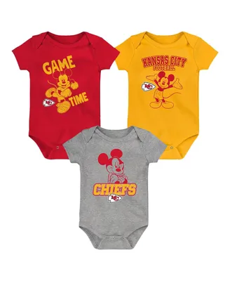 Baby Boys and Girls Red, Gold, Gray Kansas City Chiefs Three-Piece Disney Game Time Bodysuit Set
