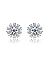 Sterling Silver White Gold Plated Round and Baguette Cubic Zirconia Flower Stud Earrings