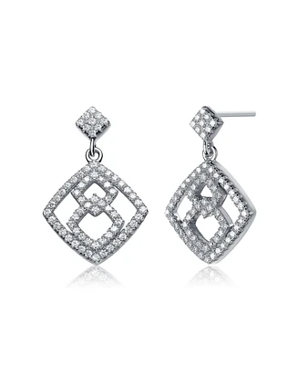 Sterling Silver White Gold Plated with Cubic Zirconia Rhombus Shape Dangle Earrings