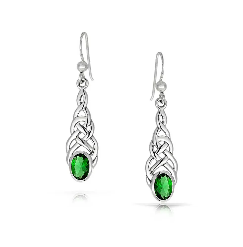 Bff Green Oval Bezel Simulated Emerald Love Knot Dangle Irish Celtic Earrings For Women Teens Fish Hook .925 Sterling Silver
