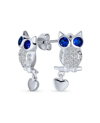 Bling Jewelry Wise Graduate Lucky Sitting Branch Owl Stud Earrings For Women Big Blue Eye Cubic Zirconia Cz Heart Charm Sterling Silver