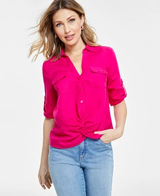 I.n.c. International Concepts Women's Linen Twist-Hem Blouse, Created for Macy's