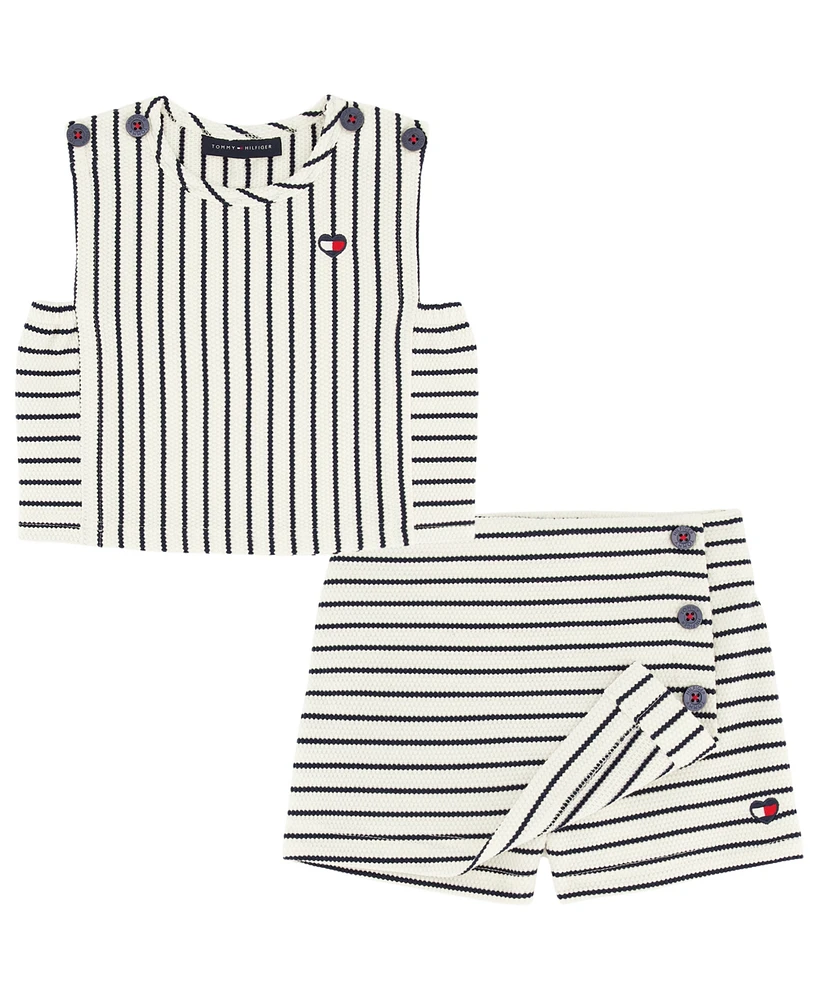 Tommy Hilfiger Toddler Girls Stretch Popcorn Knit Striped Shorts, 2 Piece Set