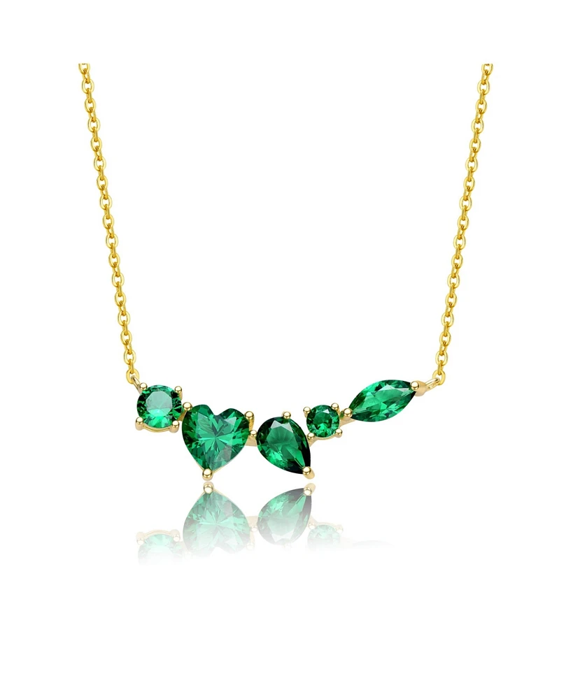 Sterling Silver 14k Yellow Gold Plated Mixed Cut Emerald Cubic Zirconia Cluster Necklace