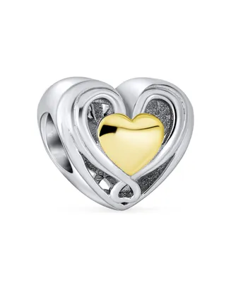 Couples Forever Love Knot Figure 8 Motif Crystal Accent Intertwined Infinity Open Heart Shaped Bead Charm For Women Teens Two Tone Gold Plated .925 St