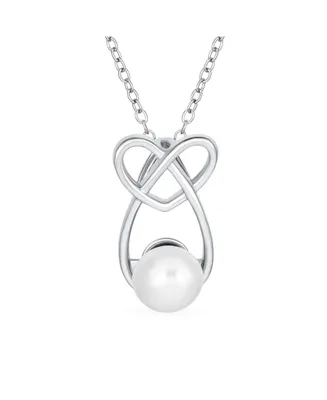 Bling Jewelry Elegant Bridal Forever Knot Infinity Intertwined Heart Teardrop Cultured Freshwater White Pearl Necklace Pendant Wedding Sterling Silver