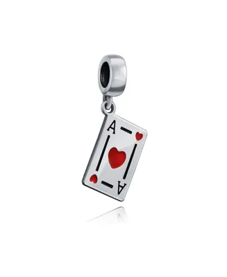 Travel Vacation Good Luck Casino Ace Of Hearts Poker Player Cards Dangle Charm Bead Red Heart Enamel .925 Sterling Silver Fits European Bracelet
