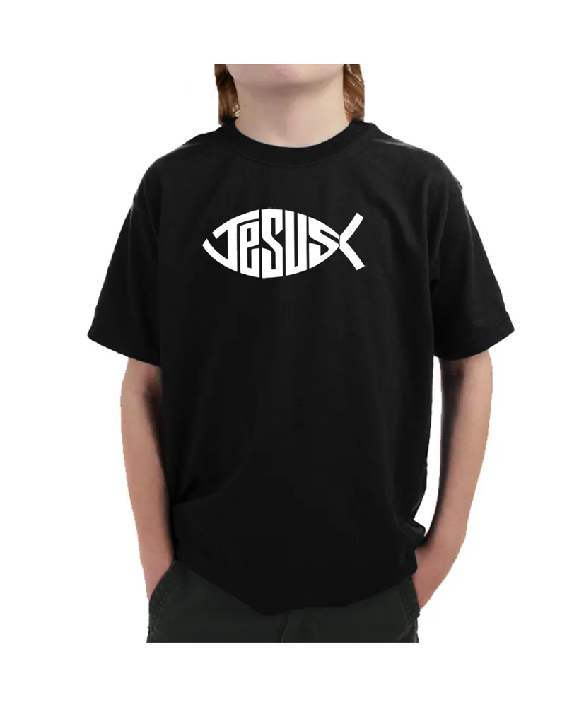 Boy's Word Art T-shirt - Christian Jesus Name Fish Symbol