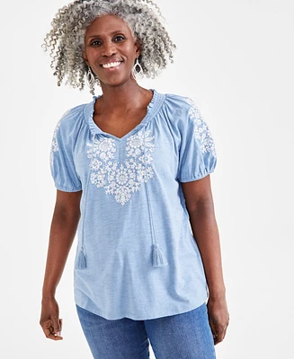 Style & Co Petite Vacay Embroidered Tassel-Tie Top, Created for Macy's