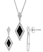 Onyx & Diamond (1/20 ct. t.w.) Geometric Framed Pendant Necklace in Sterling Silver, 16" + 2" extender