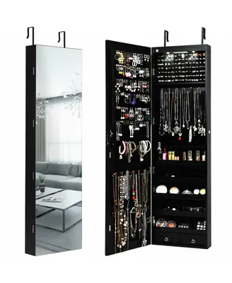 Wall and Door Mounted Mirrored Jewelry Cabinet with Lights-Black