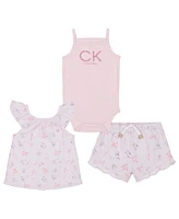 Calvin Klein Baby Girls Ribbed Bodysuit, Slub Jersey Floral Print Tank and Shorts, 3 Piece Set