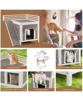 Outdoor Wooden Feral Cat House with Balcony and Slide-Gray