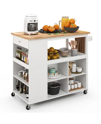Kitchen Island Trolley Cart on Wheels with Storage Open Shelves and Drawer-White