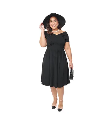Unique Vintage Plus Size Black Shirred Short Sleeve Swing Dress