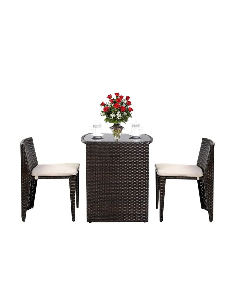 3 Pieces Cushioned Wicker Patio Bistro Set with No Assembly Needed