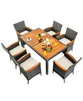 7 Pieces Patio Acacia Wood Cushioned Pe Rattan Wicker Dining Set