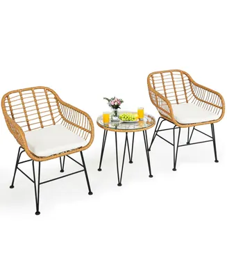 Sugift 3 Pieces Rattan Furniture Set with Cushioned Chair Table