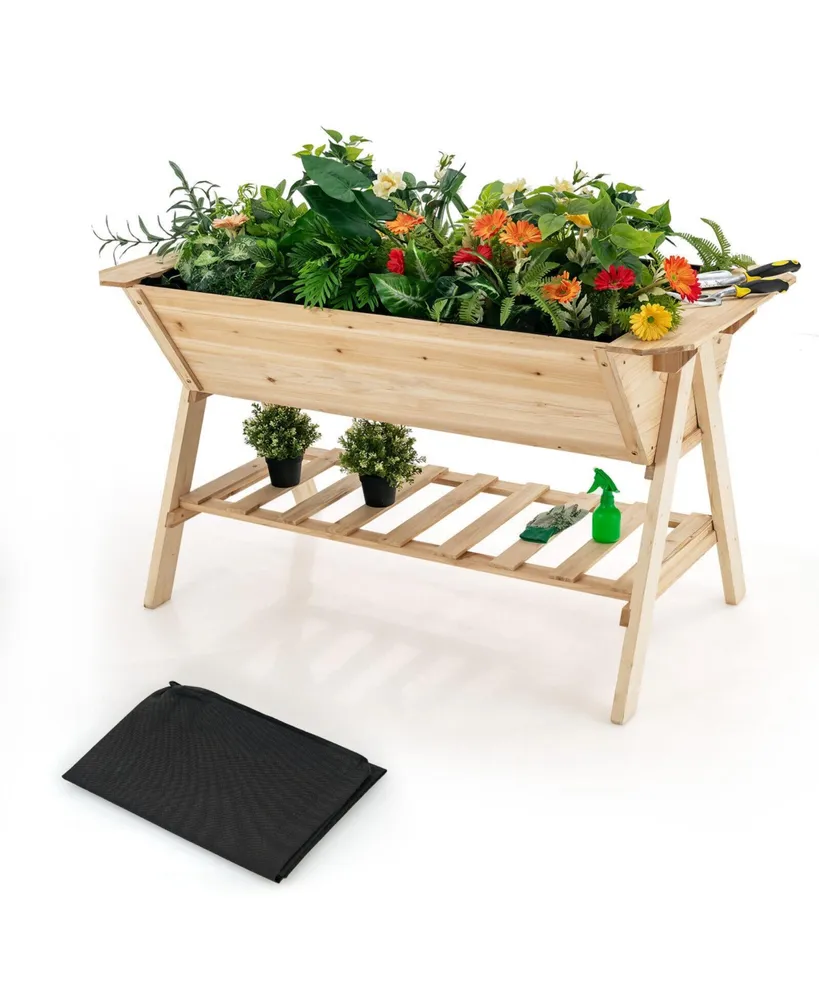 Raised Wood Garden Bed with Shelf and Liner