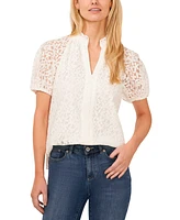 CeCe Women's Floral Lace Puff Sleeve Split Neck Top