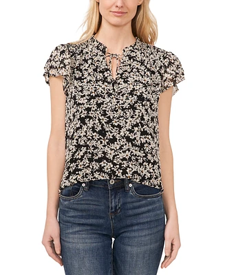 CeCe Women's Floral Clip-Dot Tie-Neck Flutter-Sleeve Top