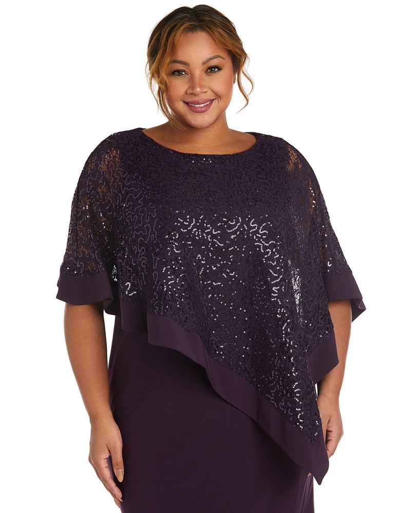 R & M Richards Plus Size Asymmetric Sequined-Overlay Dress