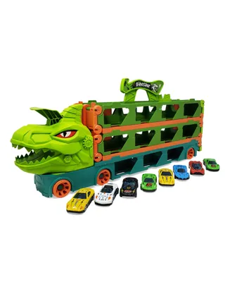 Kovot Dinosaur Truck Racing Play set - 20" Storage Truck with 6.5-Foot Foldable Racetrack & 8 Alloy Raceing Cars - Assorted Pre