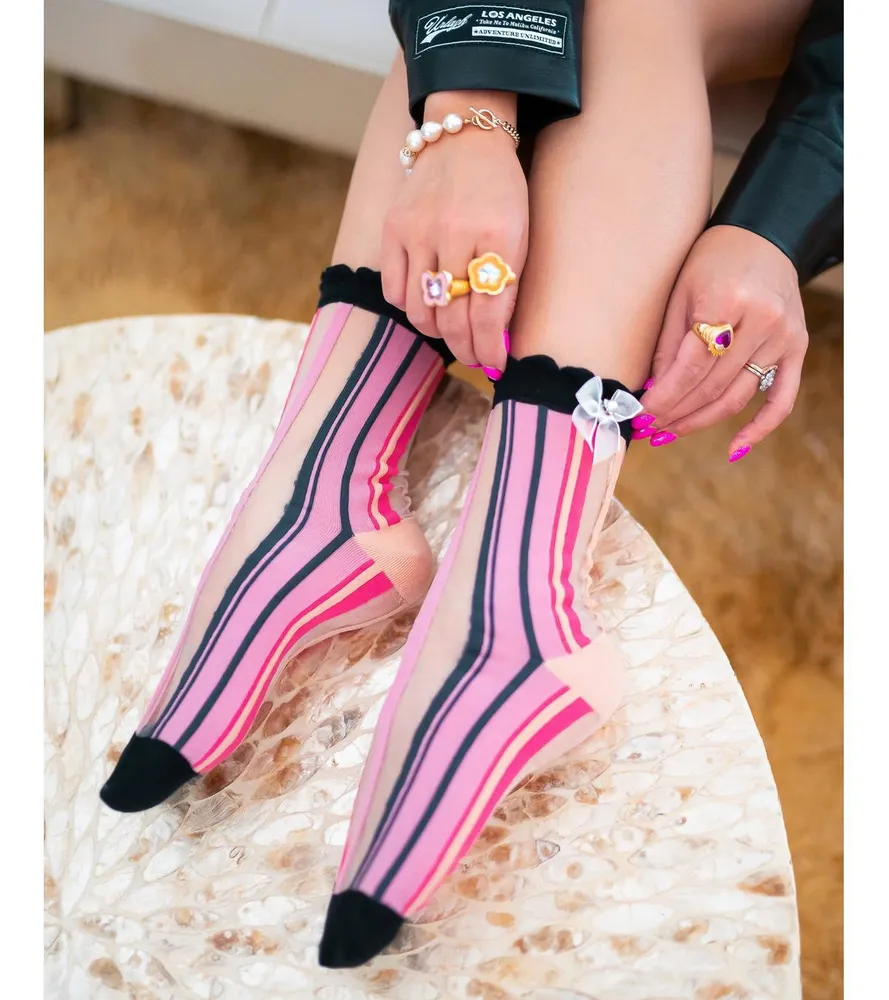 Sock Candy Women's Parisian Stripe Ruffle Bow Sheer Sock