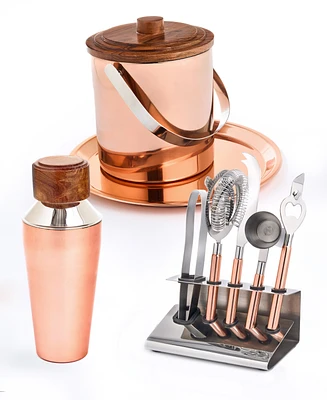 Signature Collection by Godinger Copper 9 Piece Stainless Bar Set Crafted From High Quality Stainless with Acacia Wood Accents