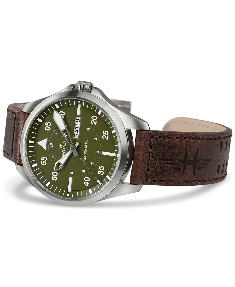 Hamilton Men's Swiss Automatic Khaki Aviation Day Date Brown Leather Strap Watch 42mm