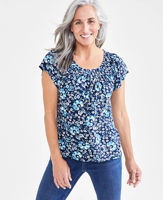 Style & Co Petite Pleated-Neck Floral Top, Created for Macy's