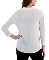 Jm Collection Women's 3/4 Sleeve V-Neck Pleat Top, Created for Macy's