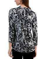 Jm Collection Women's Printed V-Neck 3/4-Sleeve Knit Top, Created for Macy's