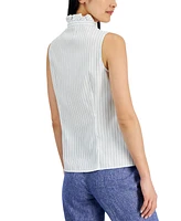 Anne Klein Women's Cotton Striped Ruffled-Neck Sleeveless Blouse