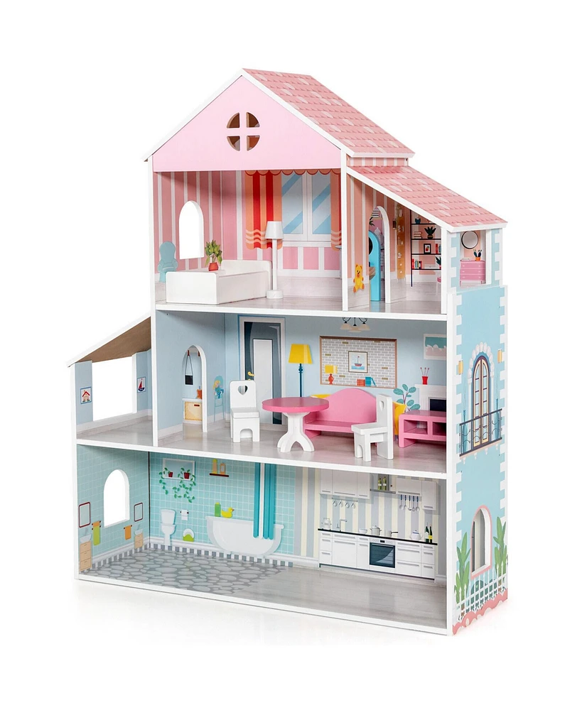 3-Tier Toddler Doll House with Furniture Gift for Age over 3