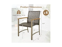 Set of 4 Patio Rattan Dining Chairs with Acacia Wood Armrests