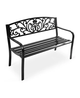 50 Inch Patio Park Steel Frame Cast Iron Backrest Bench Porch Chair
