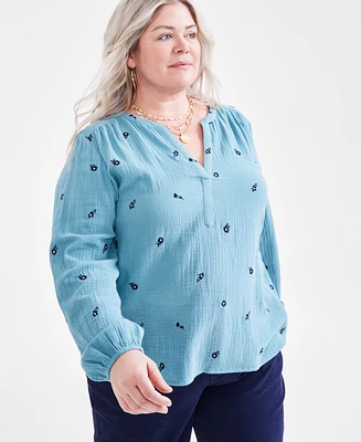 Style & Co Plus Cotton Printed Long-Sleeve Top, Created for Macy's