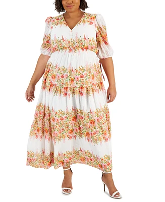 Taylor Plus Floral-Print Chiffon A-Line Midi Dress