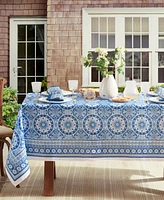 Vietri Medallion Blue Block Print Stain Water Resistant Indoor and Outdoor Tablecloth, 60" x 102" Rectangle