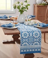 Vietri Medallion Blue Block Print Stain Water Resistant Indoor and Outdoor Table Runner, 13" x 70"