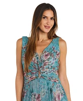 R & M Richards Women's Metallic Floral Print Sleeveless Gown