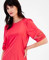 Anne Klein Women's Harmony Knit Open-Trim Elbow-Sleeve Top, Created for Macy's