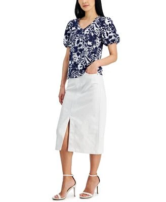 Anne Klein Womens Printed Puff Sleeve Top Pencil Skirt