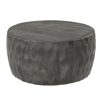 Simplie Fun Val 33 Inch Handcrafted Mango Wood Coffee Table, Hammered Round Drum Shaped, Honeycomb, Rustic Gray