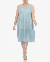 White Mark Plus Sleeveless Tiered Chambray Midi Dress