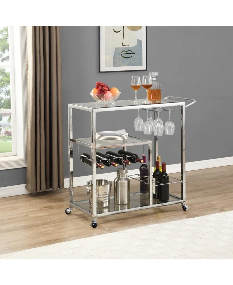 Contemporary Chrome Bar Serving Cart Silver Modern Glass Metal Frame Wine Storage