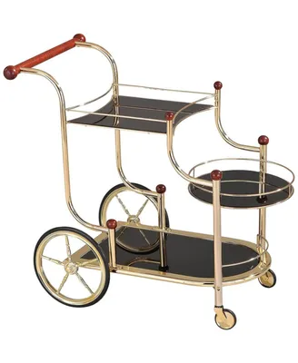 Lacy Serving Cart, Gold Plated, Cherry Wood & Black Glass