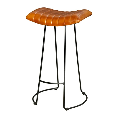 Simplie Fun Industrial Barstool With Curved Genuine Leather Seat And Tubular Frame, Tan Brown And Black